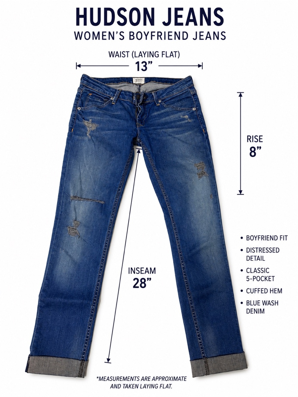 Hudson Jeans Women's Boyfriend Jeans - Medium Blue Wash with Distress - Picture 3 of 8